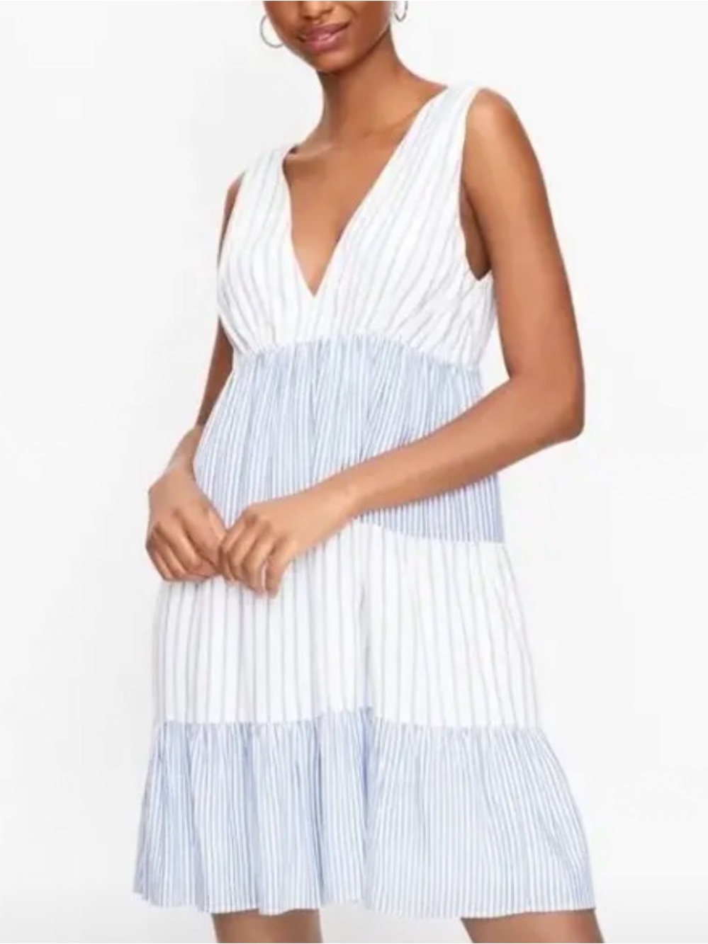 LOFT White and Light Blue Striped Tiered V-Neck Dress